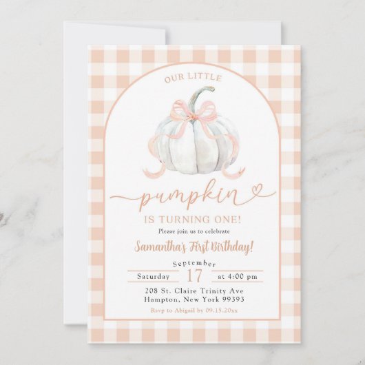 Oranje Preppy Gingham pompoen 1e verjaardag Kaart (Voorkant)