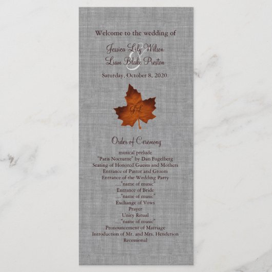 Oranje programma van de Monogrammed Wedding van Li (Voorkant)