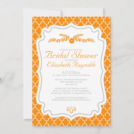 Oranje Quatrefoil Bridal Shower Invitations Kaart (Voorkant)