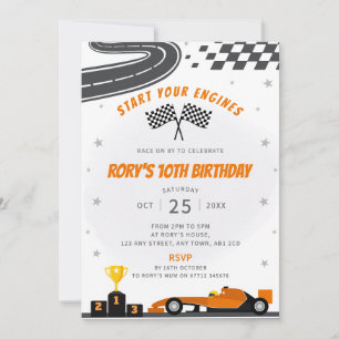 Oranje raceauto verjaardagsfeestje kaart