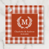 Oranje-Red Gingham Monogram Crest Custom Bedankjes Labels (Voorkant)