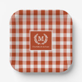 Oranje-Red Gingham Monogram Crest Custom Papieren Bordje (Voorkant)