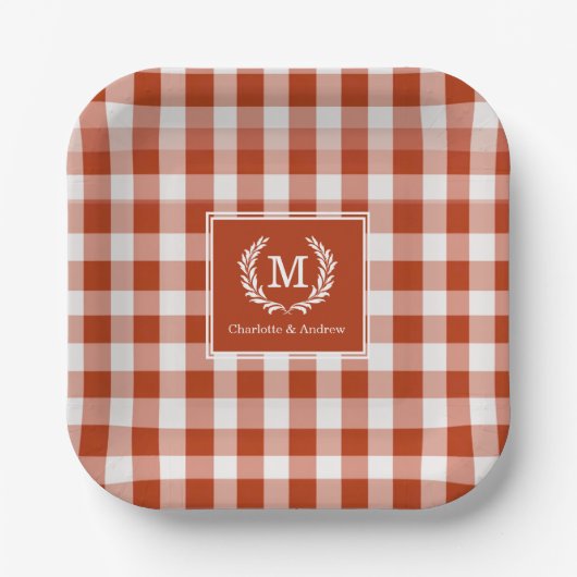 Oranje-Red Gingham Monogram Crest Custom Papieren Bordje (Voorkant)