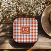 Oranje-Red Gingham Monogram Crest Custom Papieren Bordje