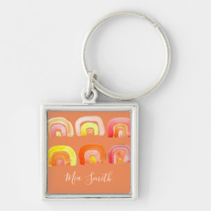 Oranje regenboog schattige retro-kunst sleutelhanger