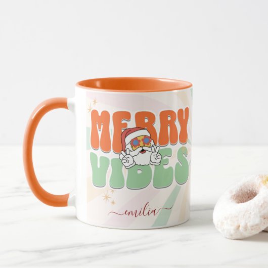 Oranje Retro 70s thema Merry Vibes Aangepaste naam Mok (Met donut)