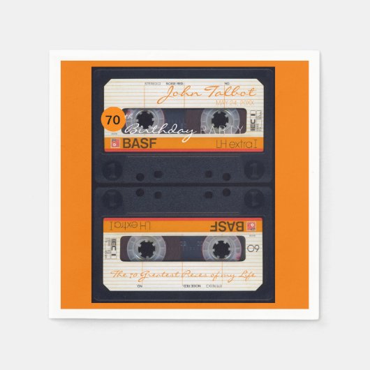 Oranje Retro Audiotape 70ste verjaardagsfeest PPN Servet (Voorkant)
