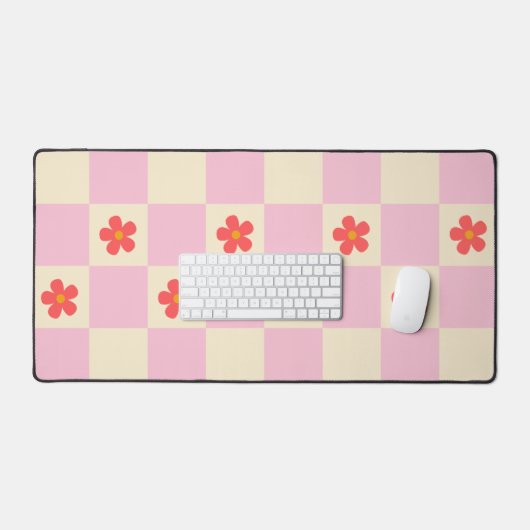 Oranje Retro Groovy Daisy Flower & Roze geruit Bureaumat (Keyboard & Muis)