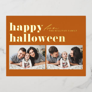 Oranje Retro Typografie Happy Halloween Two Foto Folie Feestdagen Briefkaart
