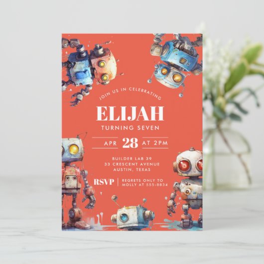 Oranje Robots Tech Gear Builder Verjaardagsfeest Kaart (Staand voorkant)