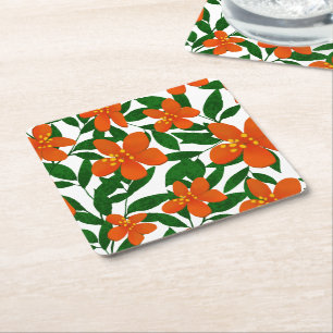 Oranje Rode Bloemen Groene Botanicals Patroon Vierkante Kartonnen Onderzetter