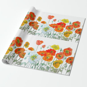 Oranje Rode Klaproos Bloem Patroon Waterverf Trouw Cadeaupapier