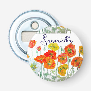 Oranje rode papaver bloemenpatroon dank u button flesopener