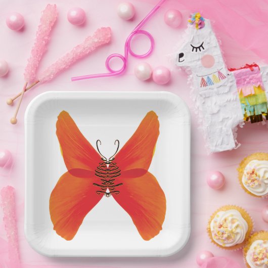 Oranje rode papavervlinder met Jouw naam Papieren Bordje (Feest)