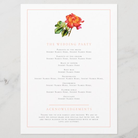 Oranje rode streep roos waterverf bruiloft program programma (Achterkant)