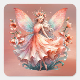 Oranje rood bloemenfee prinses meisjes vierkante sticker