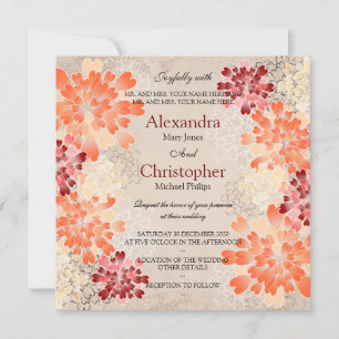 Oranje Rood- en Cream Flowers Retro Weddenschap Kaart