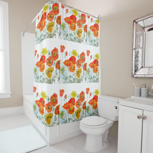 Oranje Rood Geel Poppy Waterverf Poppies Art Douchegordijn (In situ)