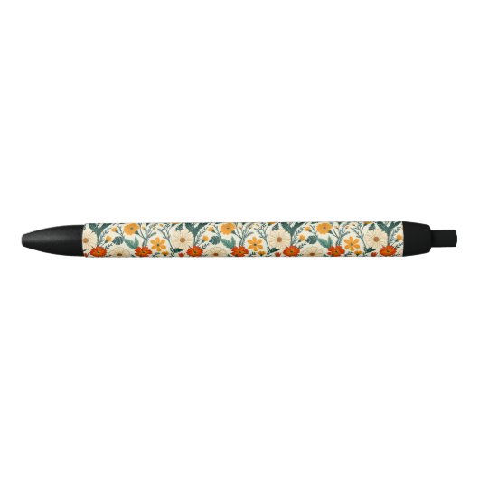 Oranje roodbruin en crème bloemen zwarte inkt pen (Voorkant)