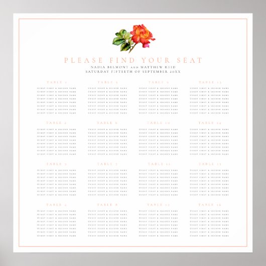 Oranje roos bruiloft 16 tafelzitjes poster (Voorkant)