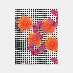 Oranje roze bloemen B/W Check Fleece Blanket