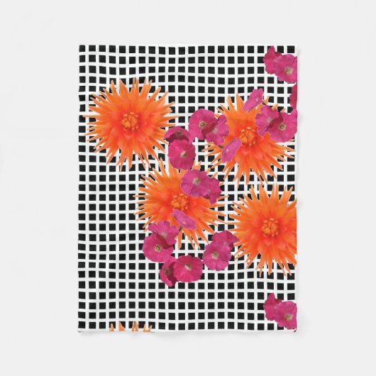 Oranje roze bloemen B/W Check Fleece Blanket Deken (Voorkant)