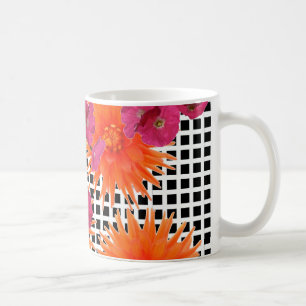 Oranje roze bloemen zwart witte cheque koffie Mok