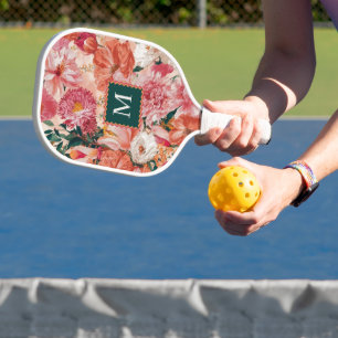 Oranje roze bloemmotief monogram pickleball paddle