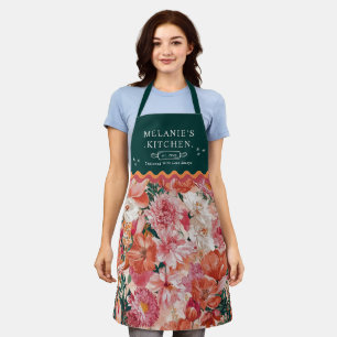 Oranje roze bloemmotief monogram schort