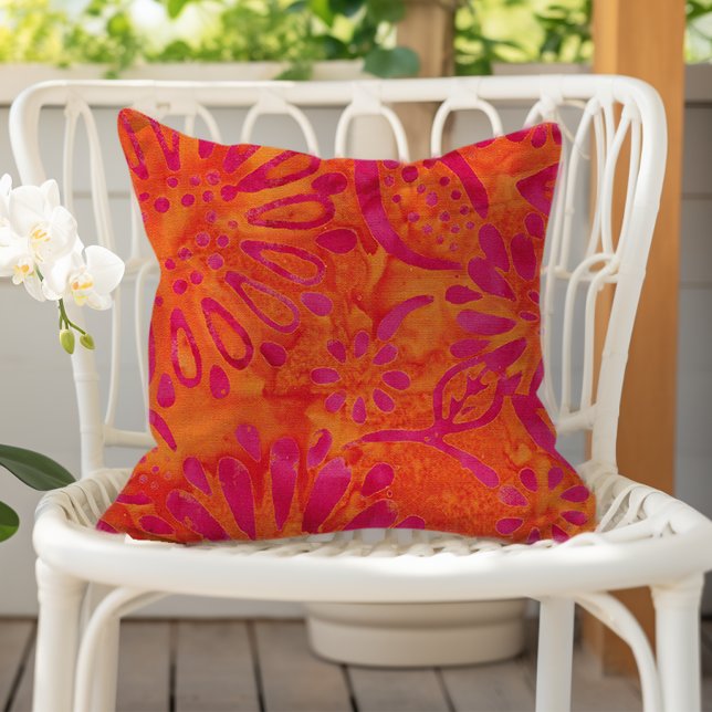 Oranje Roze Boho Batik Floral Pattern Buitenkussen (Creator heeft geüpload)