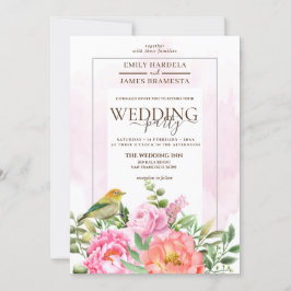 Oranje roze flora met Waterverf van vogels Kaart