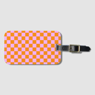 Oranje + Roze Geruite Schaakbord Patroon Bagagelabel