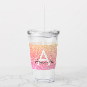 Oranje Roze Glitter & Sparkle Monogram Verjaardag Acryl Drinkbeker