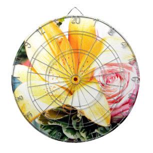 oranje roze trouwbloemen ster lelie roos dartbord