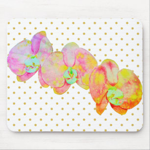 Oranje roze waterverf orchideeën polka dots muismat