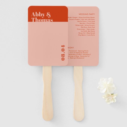 Oranje roze weddenschapsprogramma met een minimal handwaaier (Voorkant en achterkant)