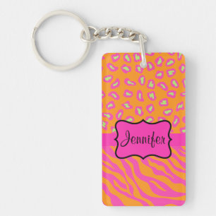 Oranje & Roze Zebra & Cheetah Gepersonaliseerd Sleutelhanger