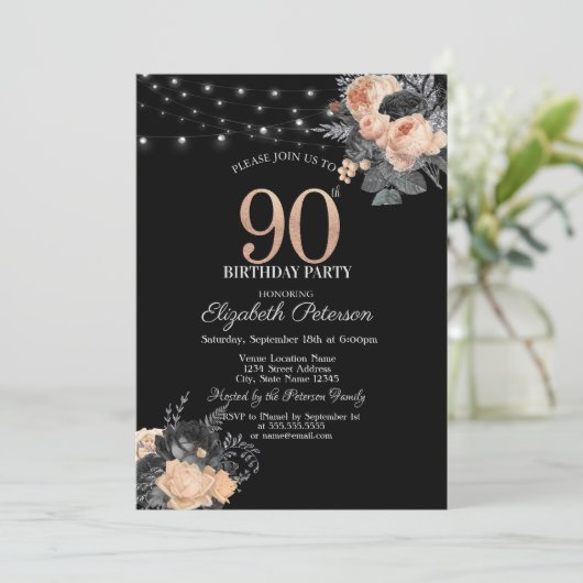 Oranje Rozen String Lights Zwart 90ste Verjaardag Kaart (Staand voorkant)