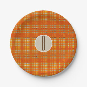 Oranje ruitjes & bruin kraft landelijk monogram in papieren bordje