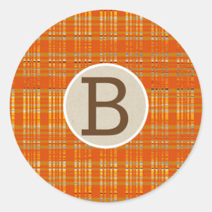 Oranje ruitjes & bruine Kraft landelijke monogram  Ronde Sticker