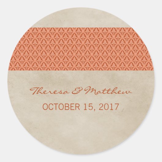 Oranje Rustic Damask Wedding Stickers (Voorkant)