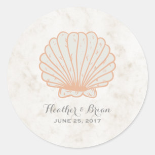 Oranje Rustic Seashell Wedding Ronde Sticker