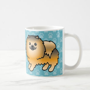 Oranje Sable Gelukkige Pomeranian Honden Op Blauwe Koffiemok