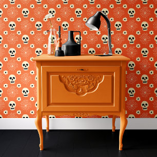 Oranje Schedel en Spinnenweb Halloween Behang