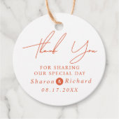 Oranje script kalligrafie Dank U val bruiloft Bedankjes Labels (Voorkant)