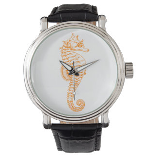 Oranje Seahorse Watch lederen riem zwart Horloge