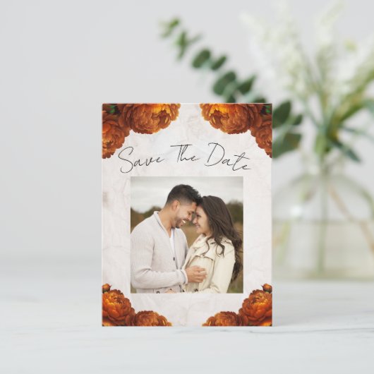 Oranje Spice Peony Flowers Save the Date Aankondigingskaart (Staand voorkant)