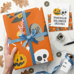 Oranje Spookachtige Monster Mash Kind Karakter Hal Cadeaupapier