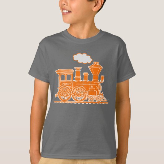 Oranje stoomlocomotief aangepaste naam kinder t-sh t-shirt (Voorkant)