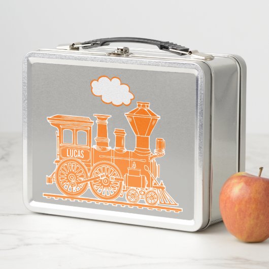 Oranje stoomlocomotief kinder naam lunchbox (In situ)